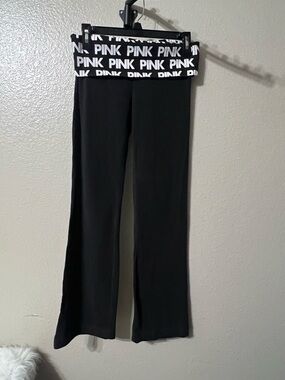 Y2K PINK Fold-Over Waist all over Pink Logo Black flare leg pants- SZ-SM